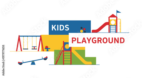 Kids playground, colorful illustration, vector graphics, playground equipment, kids activities