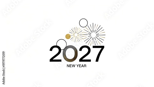Minimalist 2027 Happy New Year Typography with Black and Gold Geometric Fireworks