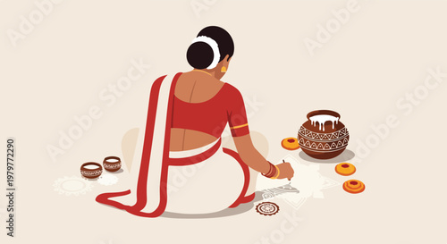 An Indian woman in traditional saree performing a cultural ritual on the floor with a decorated pot and offerings, celebrating a festival.