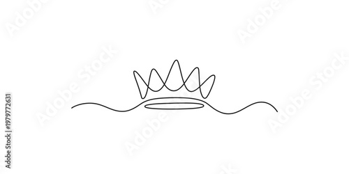 Continuous line drawing of a crown above wavy line on white background king queen royal