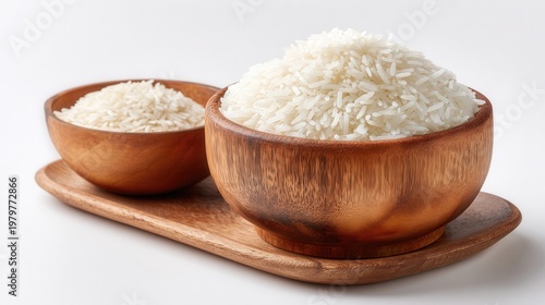 White long grain rice filling wooden bowls with a spoon, representing staple food for nutrition cooking healthy