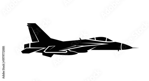 Silhouette of a modern fighter jet in black and white, isolated on a white background.
