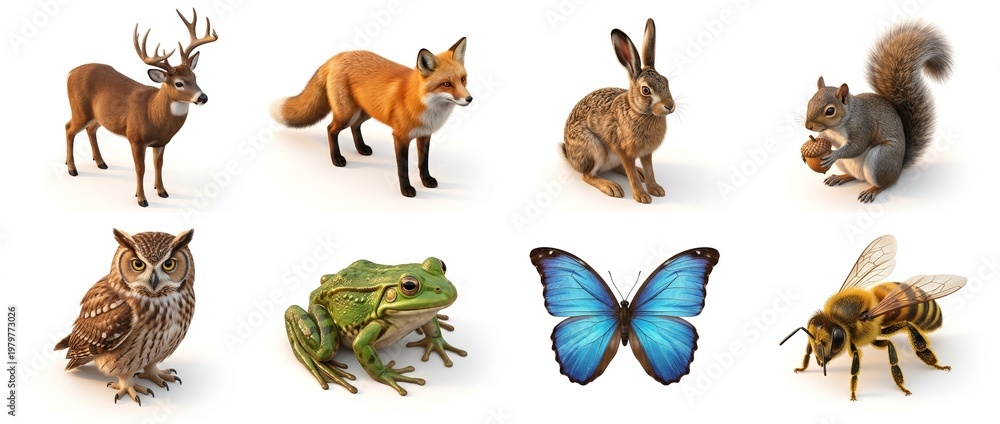 Obraz premium A diverse collection of isolated wild animals and insects: deer, fox, hare, squirrel, owl, frog, blue butterfly, and honey bee on a white background. Generative AI.