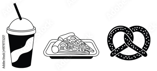 Black and white soda cup pizza slices tray and pretzel vector illustration