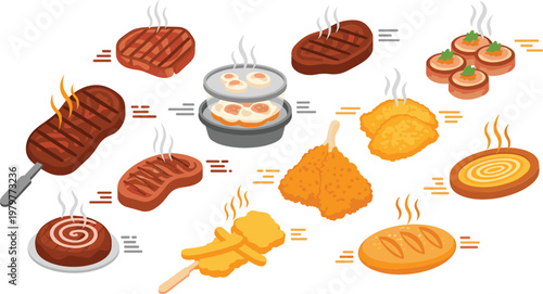 Grilled and fried food icons set, steak meat shrimp cutlet and snacks collection, hot fast food meals with steam flat vector illustration