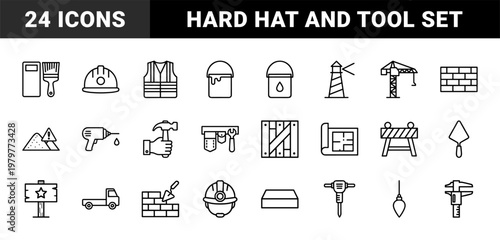 Industrial labor and construction tool outline icon set