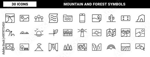 Minimalist landscape and nature line icon set for travel and environment design