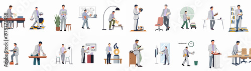 Collection of diverse business professional men in suits performing various office tasks, organizing files, and leading presentations in a modern workspace.