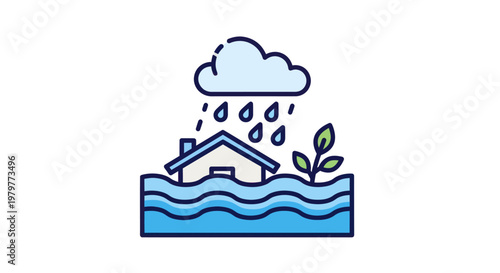 Home Flooded by Heavy Rain and Storm, Natural Disaster Icon