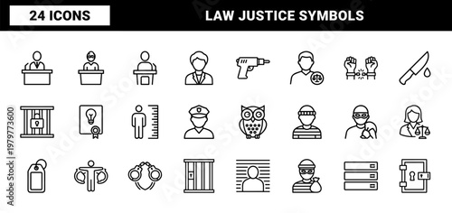 Legal and justice thin line icons with scales gavel and prison symbols.