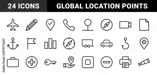 Navigation and destination minimalist thin line icon set
