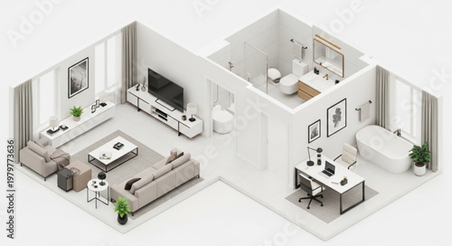 Modern Apartment Interior Design Isometric View.