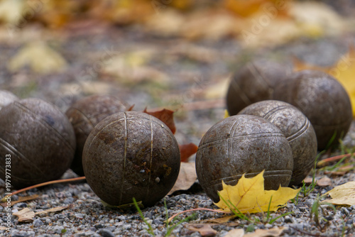several boule balls in gravel path