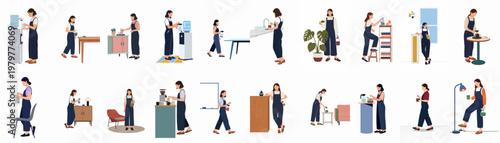 Set of flat vector illustrations depicting a young woman engaged in various daily routines, home tasks, and coffee preparation activities.