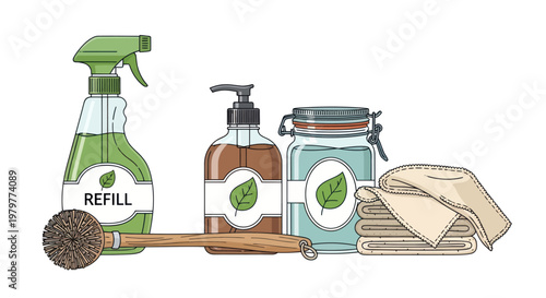 Eco-friendly cleaning supplies: spray bottle, soap dispenser, jar, brush, cloths