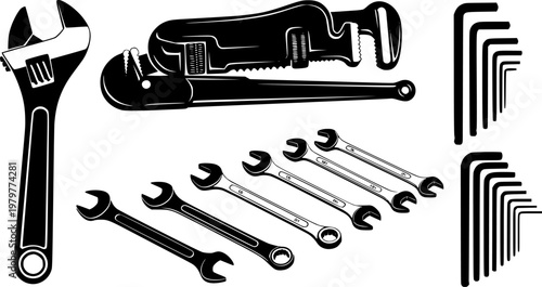 Various black silhouette hand tools and wrenches, including adjustable, pipe, combination, and hex keys, presented in a clean, graphic style
