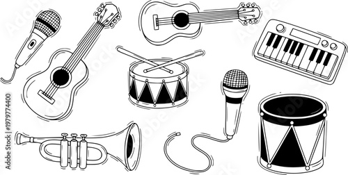 Collection of black and white toy musical instruments and playthings in a simple hand-drawn doodle style, including a guitar, drum, keyboard, trumpet, and microphone