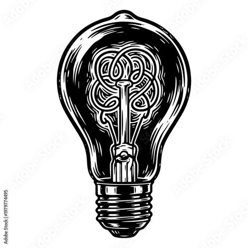 Woodcut style vector illustration of a light bulb with a brain inside, symbolizing creative ideas and innovation in a traditional engraving technique on a white background.