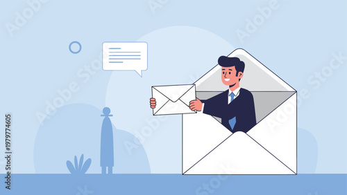 Friendly businessman appearing from a large open envelope to deliver a personalized digital message or business invitation.