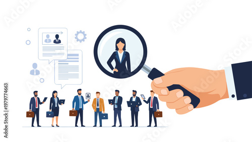 Human resources manager using a giant magnifying glass to carefully inspect and select the most qualified candidate from a diverse group.