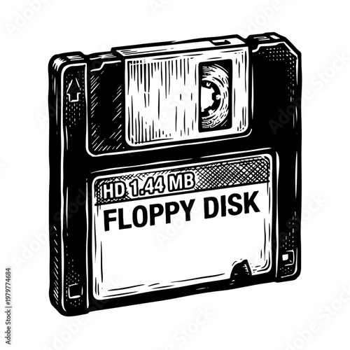Vintage black and white woodcut style vector illustration of a floppy disk with HD 1.44 MB label, nostalgic computer hardware concept.