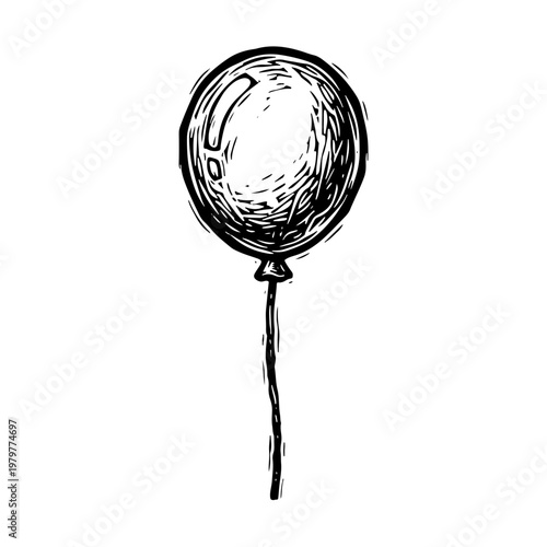 Woodcut style vector illustration of a single black balloon with a string on a white background, reminiscent of traditional woodblock printing techniques.