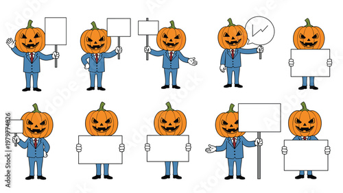 Collection of business characters with pumpkin heads holding blank signs and banners for halloween corporate marketing concepts.