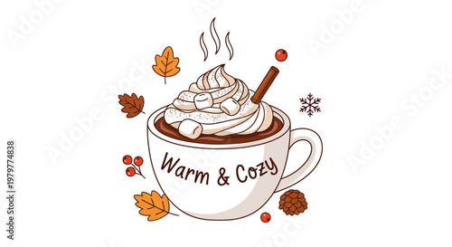 Warm & Cozy Hot Chocolate Vector Illustration with Whipped Cream, Marshmallows, Cinnamon Stick, and Autumn Leaves for Seasonal Cafe or Holiday Promotion