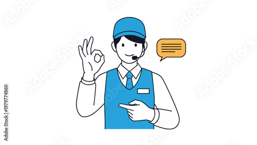 Male customer service representative wearing blue vest and headset making okay gesture and pointing for client support services.