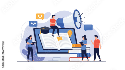 Students studying around a giant computer monitor featuring educational books and a graduation cap for online learning concepts.