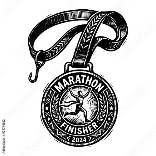 Woodcut style vector illustration of a marathon finisher medal with a running figure and laurel wreath on a ribbon, symbolizing achievement and sportsmanship in a vintage woodblock print design.