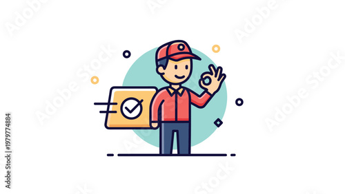 Friendly delivery courier wearing red uniform making okay gesture with hand next to a package for fast shipping service concepts.