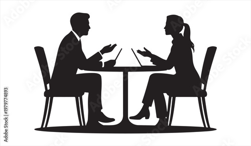 Professional conversation scene with two people sitting at table negotiation or interview silhouette