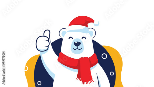 Smiling polar bear character wearing a red Santa hat and scarf giving a thumbs up gesture for winter holiday celebrations.