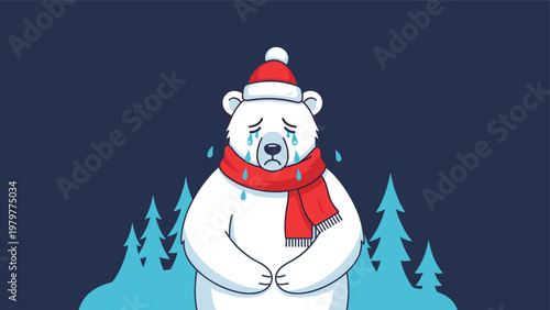 Sad polar bear character wearing a Santa hat and scarf crying in a winter forest representing loneliness or environmental issues.
