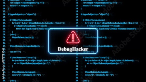 Cyber security warning: neon debug hacker alert over scrolling software source code background programming