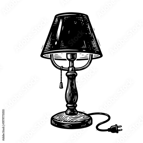 Elegant vintage table lamp with cord and plug in woodcut style illustration on white background.