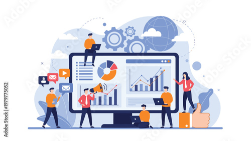 Diverse team of professionals working on business data analytics around a large monitor showing charts and performance graphs.
