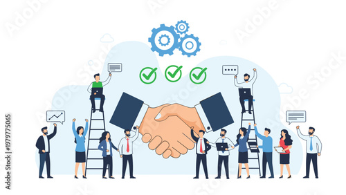 Giant business handshake surrounded by a diverse team of employees working together for successful partnership and agreement.