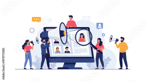 Business recruitment concept featuring people using megaphones and a giant magnifying glass on a computer screen to find talent.