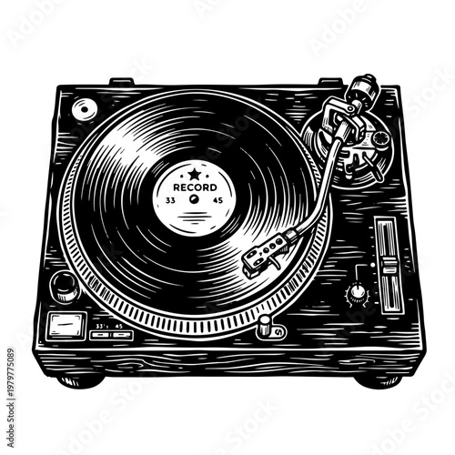 Woodcut style vector illustration of a vinyl record player with a needle on the record, isolated on white background, reminiscent of traditional woodblock printing techniques.