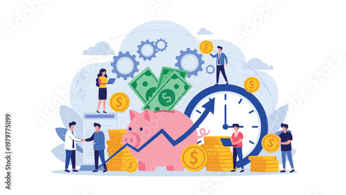 Financial growth and saving concept with a piggy bank, coins, cash, and business people working around a large clock.