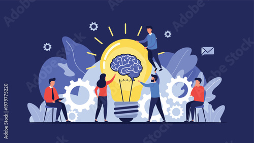 Group of business people putting a brain into a giant lightbulb for collective innovation, brainstorming, and smart ideas.
