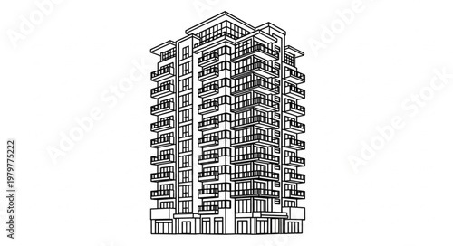 Modern Apartment Building Sketch with Balconies and Windows.