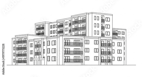 Modern Apartment Building Sketch Architectural Drawing.