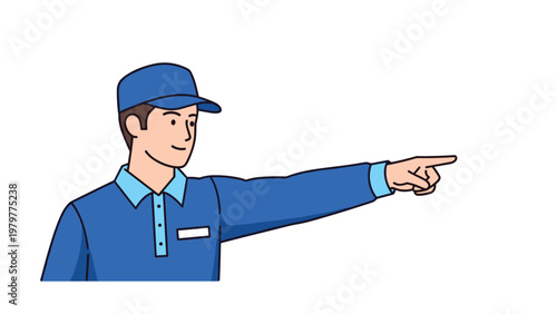 Male delivery worker wearing blue uniform and cap pointing his finger towards a specific direction against white background.