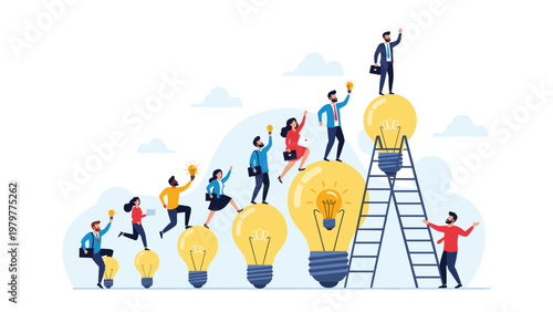 Sequence of growing lightbulbs being used as stairs by business people to represent career progression and continuous innovation.