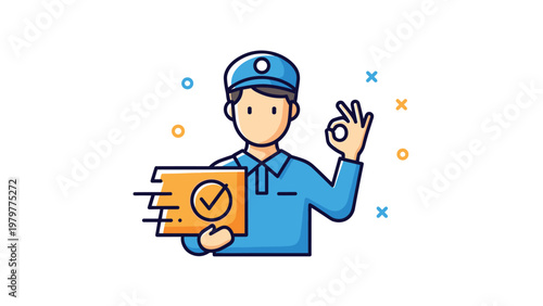 Delivery courier in blue uniform making okay gesture while holding a package with a checkmark representing reliable shipping.