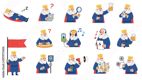 Humorous set of king character illustrations featuring the monarch using modern technology like a smartphone and headphones.