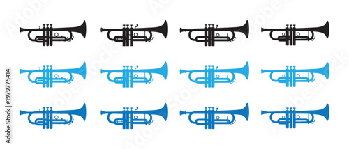 Collection of black and blue trumpet musical instrument icons. arranged in a grid pattern on a white background, representing music and jazz.